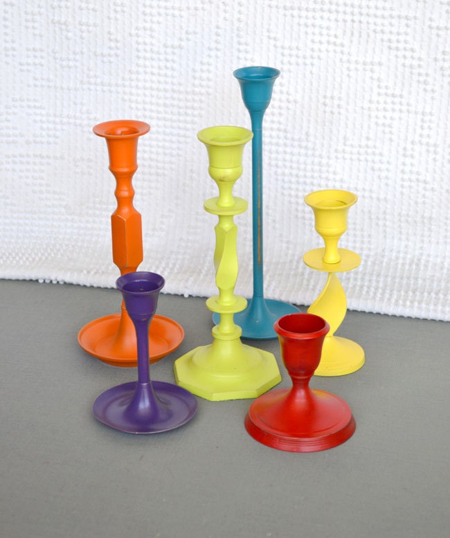 Bright Funky Candleholders Upcycled Metal Set of 6 Summer Party Fiesta Decor Pop Of Color Playroom Decor