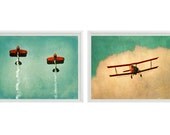 Vintage Airplane Art Print Set - SALE 30% OFF Plane Nursery Boys Room Red Aqua Biplane Flying Aviation Home Decor Photograph