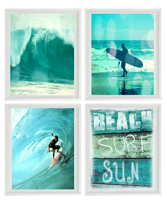 Surf Art Print Set - SALE 25% OFF - Aqua Surfer Beach Sign Beach House Wall Art Home Decor Waves Surfing Coastal Photographs