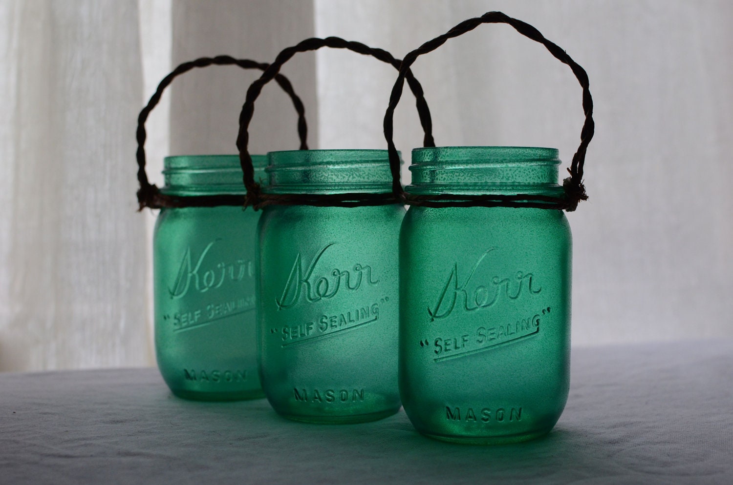 Rustic Mason Jar Lanterns With Wire Vine Handles - Set of 3 -  Your color choice