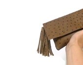 Brown Ostrich Printed Clutch with Tassels Keychain