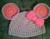 Baby Mouse Hat Bow in Grey Pink - Newborn Beanie Boy Girl Preemie Halloween Thanksgiving Christmas Photo Prop Tom and Jerry Winter Outfi