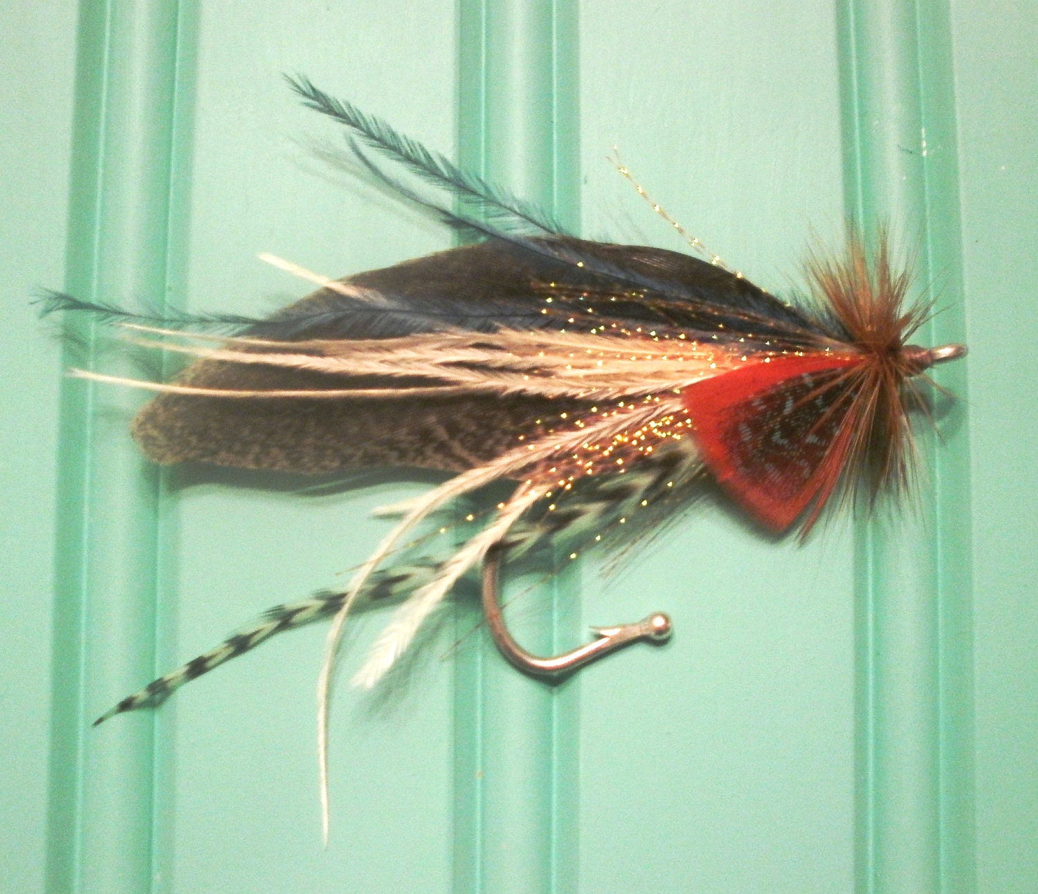 Custom mint coral turquoise mountain rustic fly fishing wedding boutonniere lure hook feather fisherman outdoorsman teal natural ivory
