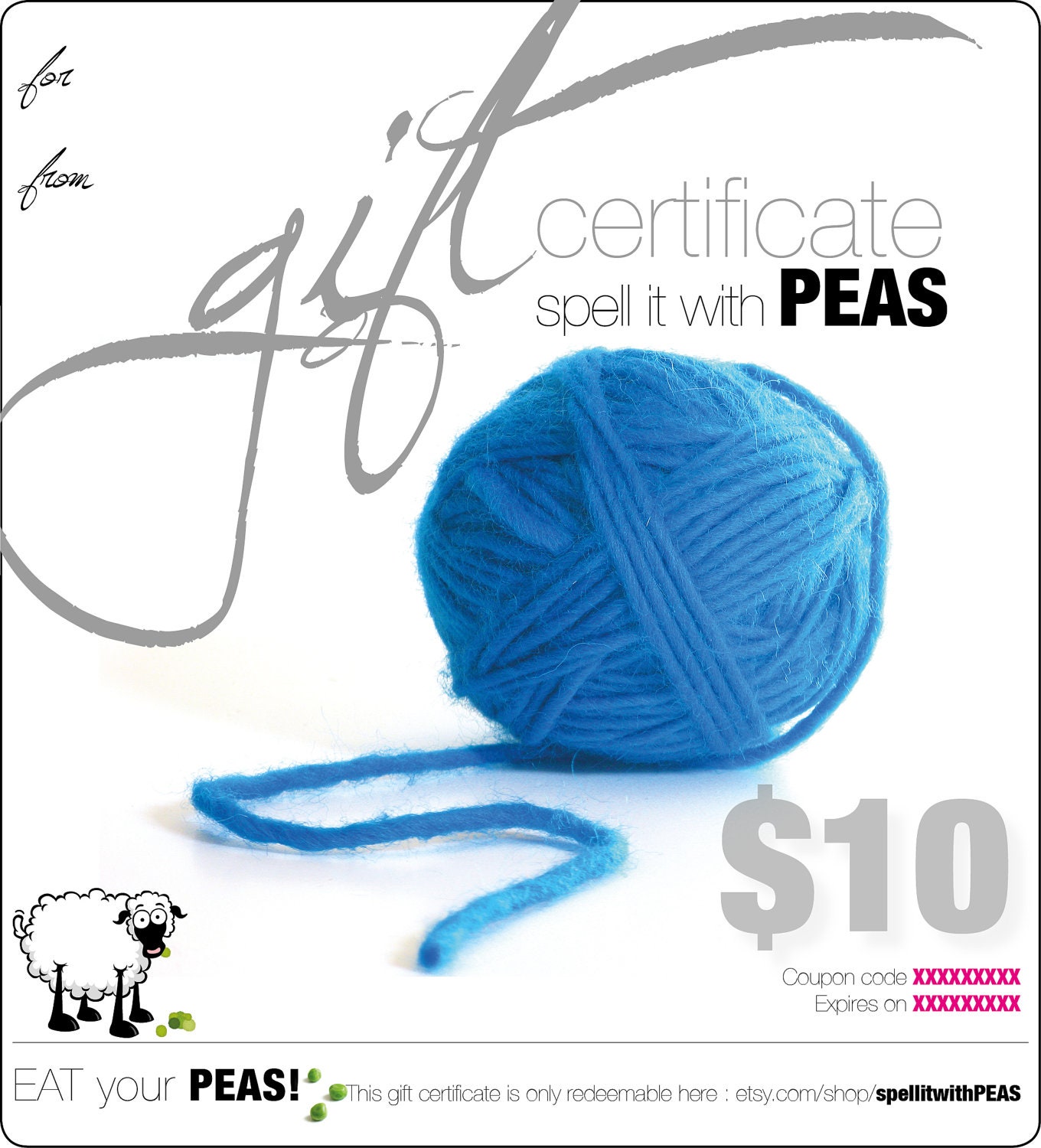 Gift Certificate - spell it with PEAS 10, 20, 30, 50, 100, 200, etc.