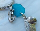 rare blue frosted Maine sea glass and mermaid necklace
