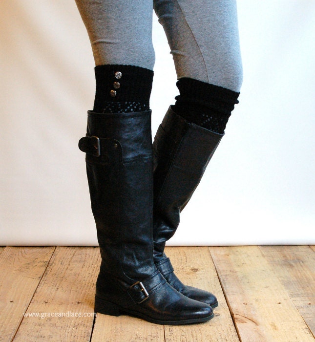 LouLou - Black : Open-work Knit Leg Warmers with Antique Silver Metal Buttons - Legwarmers boot socks (item no.9-2)