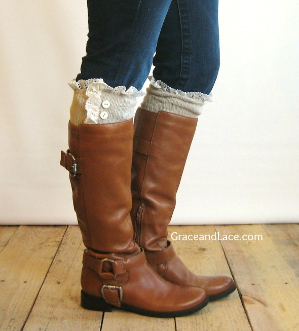SALE SALE The Milly Lace - Khaki Tan Cable-knit Boot Socks with ivory knit lace trim and buttons  (item no.5-31)