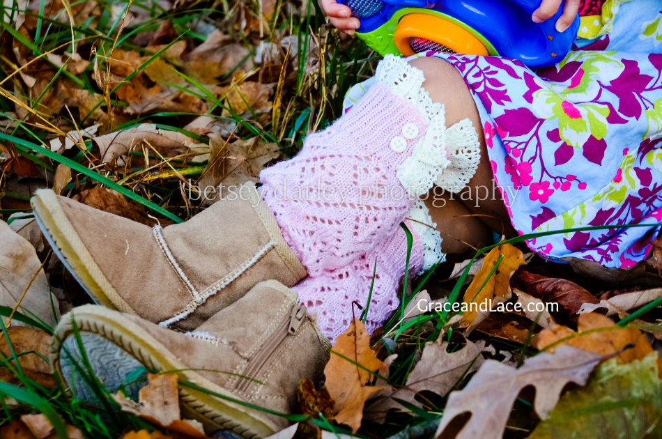 SALE SALE Lil Lacey Lou - Pink Girls open-knit leg warmers w/ knit lace and buttons legwarmers baby legs (item no. G-3-5)