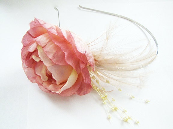 Flower Headband, Pink Rose with Feathers and Beading, Wedding Accessories