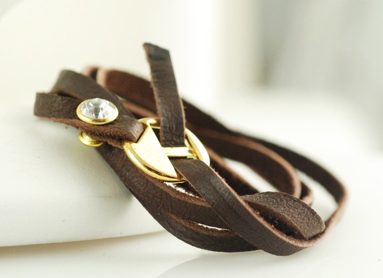 Leather wrap bracelet, womens leather bracelet, unisex bracelet, brown leather with gold crystal stud