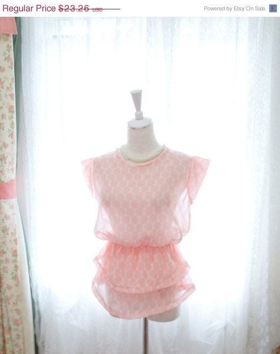 10% OFF SALE Handmade Pale Baby Pink Polka Dots Peplum Top Blouse Romantic Sweetheart Sheer pastel candy