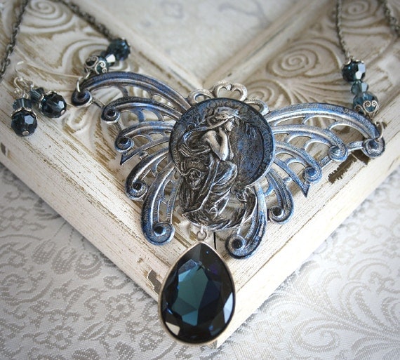 MIDNIGHT DREAMING romantic vintage fantasy inspired aged silver butterfly fairy art nouveau necklace, free earrings