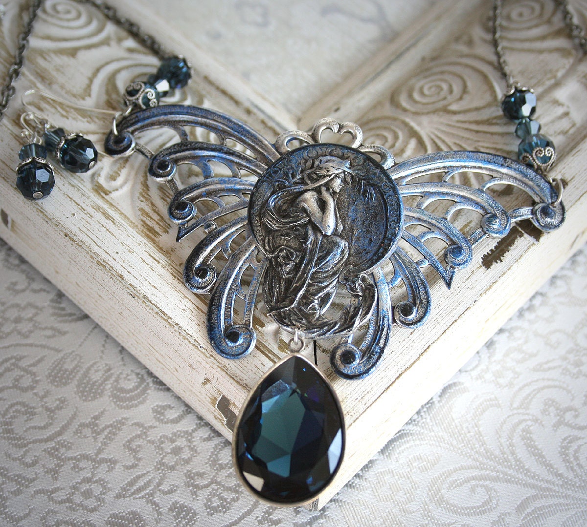 MIDNIGHT DREAMING romantic vintage fantasy inspired aged silver butterfly fairy art nouveau necklace, free earrings