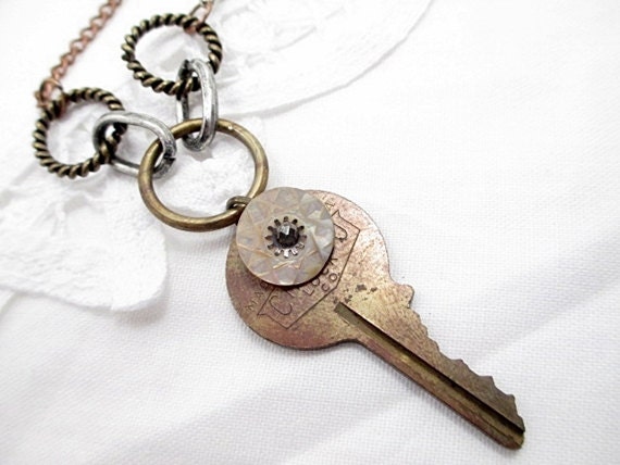 Bronze Brass Metal Lariat Necklace Beaded Jewelry Handmade Upcycled Rustic Steampunk Antique Key Vintage Button Necklace by Littlebitsofaith