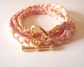 Pink Suede Wrap Bracelet - Pink Leather and Gold Chain Bracelet - Necklace