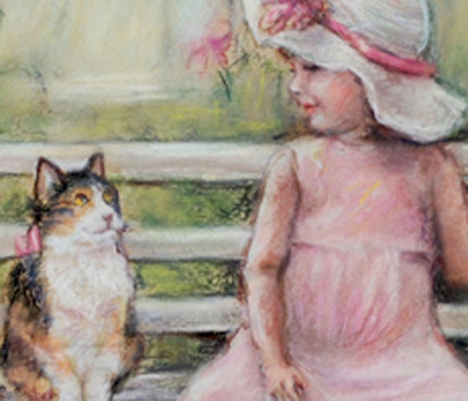 cat girl child print  kids pet pink green garden toddler art friends bench 8x10