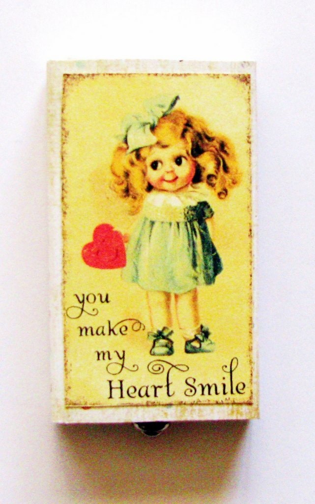 Friends Gift Box Altered Match Box You Make My Heart Smile Vintage Little Girl