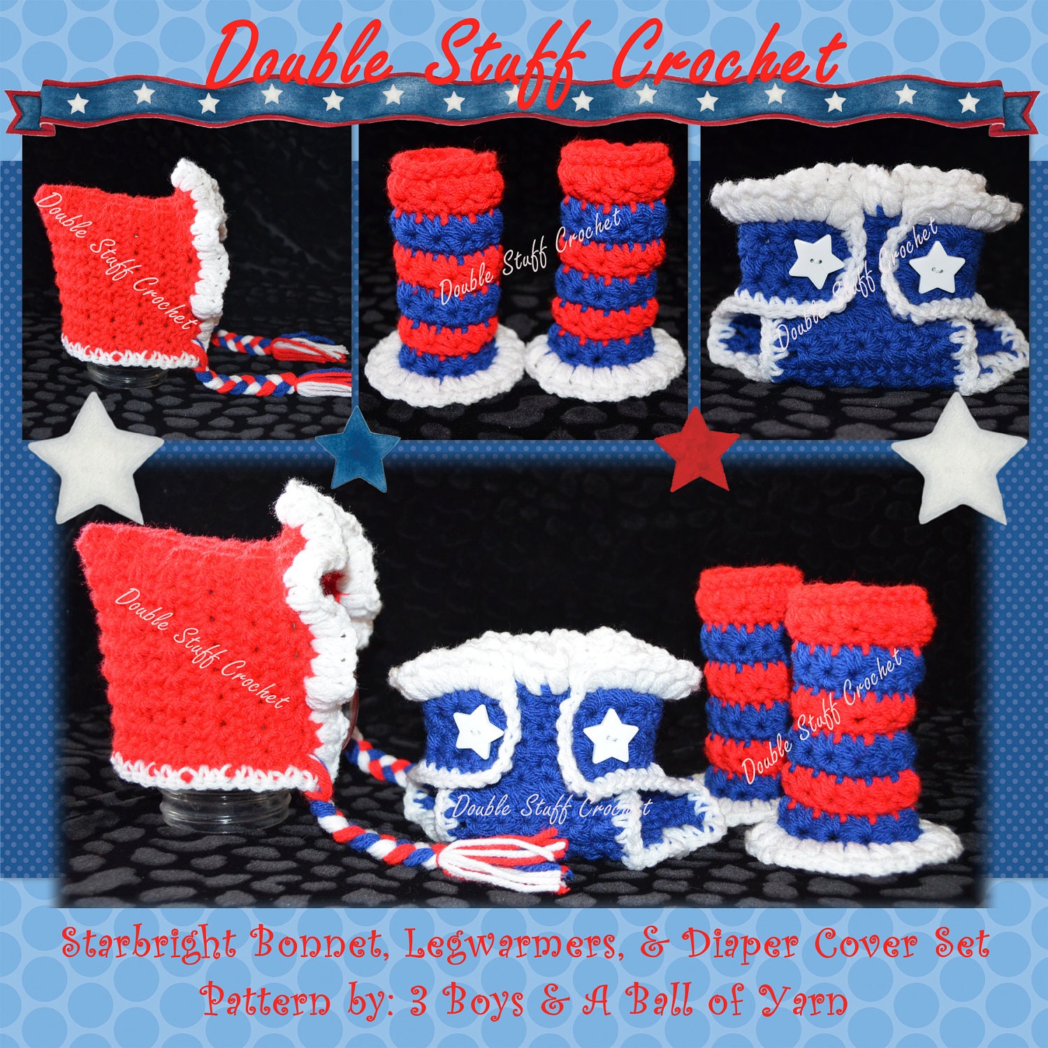 Starbright Set  0 to 3 mos (bonnet, diaper cover, & leg warmers)