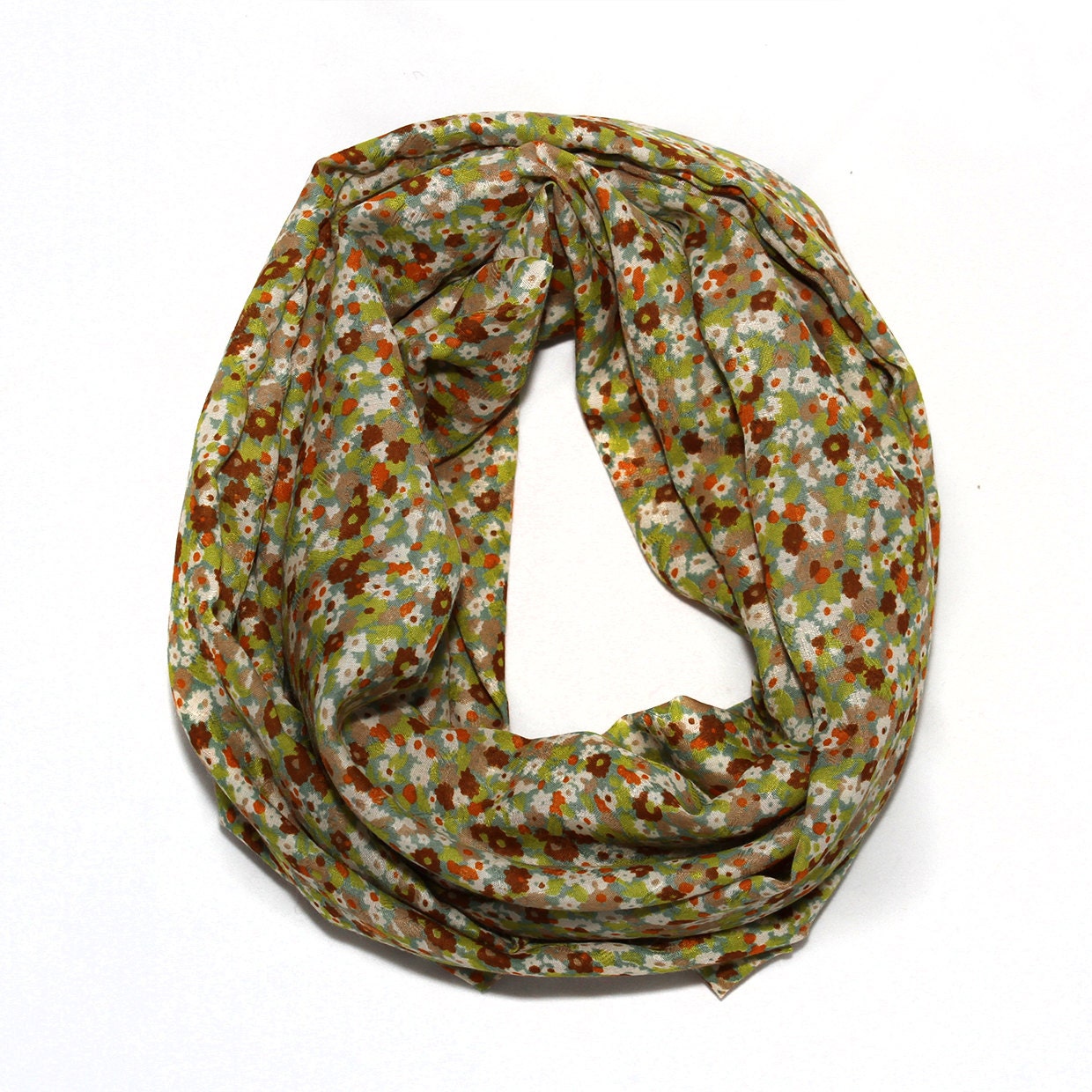SALE - Floral Circle Scarf - Green and Tan Mini Florals