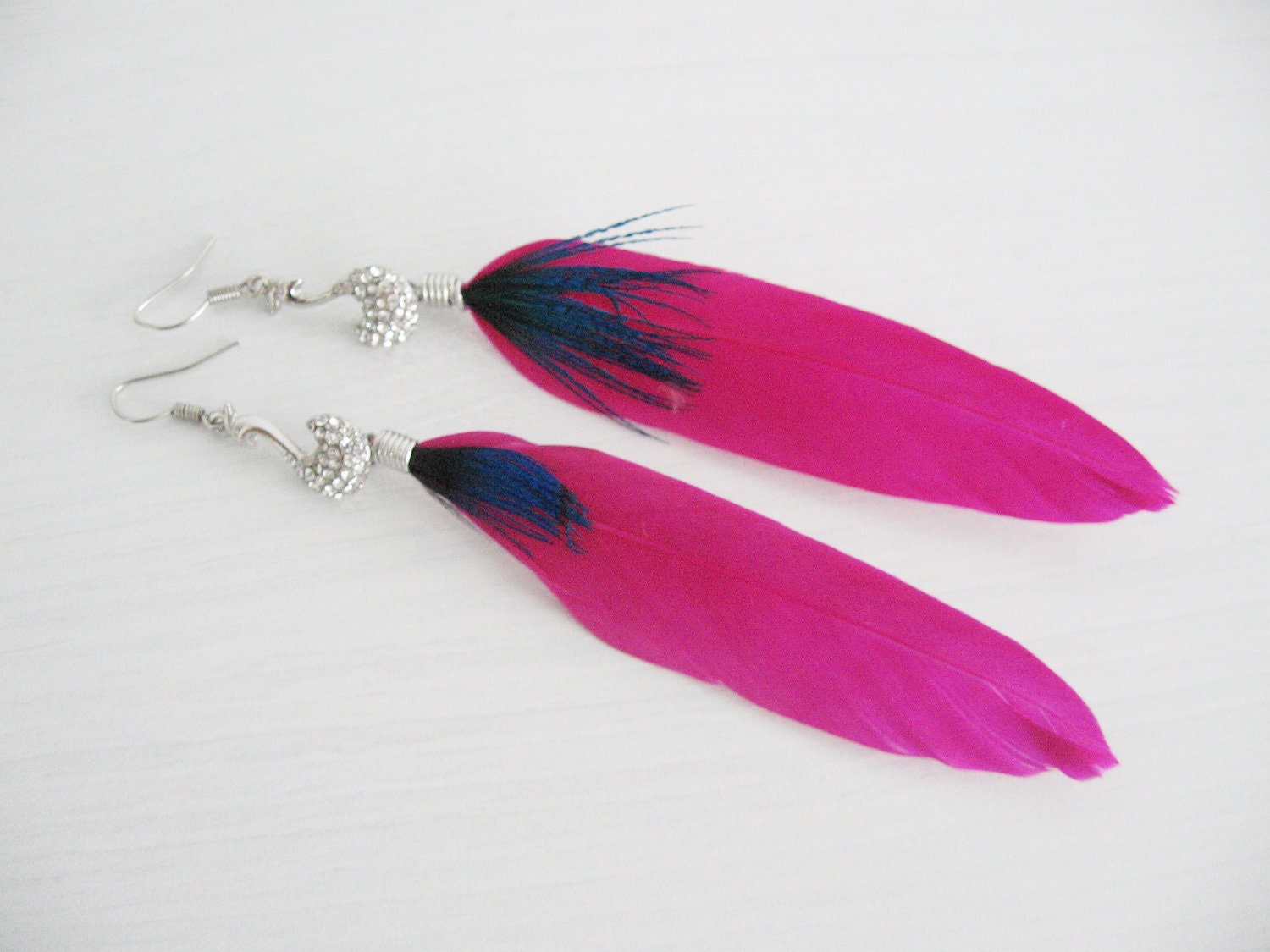 Hot pink feather earrings- magenta and dark blue- rhinestones white peacock