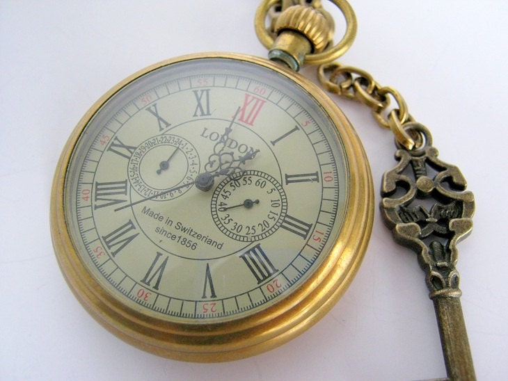 London gentleman's pocketwatch design 2 with brass colored key charm and chain necklace Christmas gift