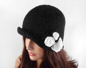 Crochet Cloche Hat with Flower - Black