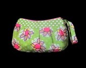 Buttercup Clutch, Purse, Cosmetic Bag, Makeup Bag, green, dots, pink flowers