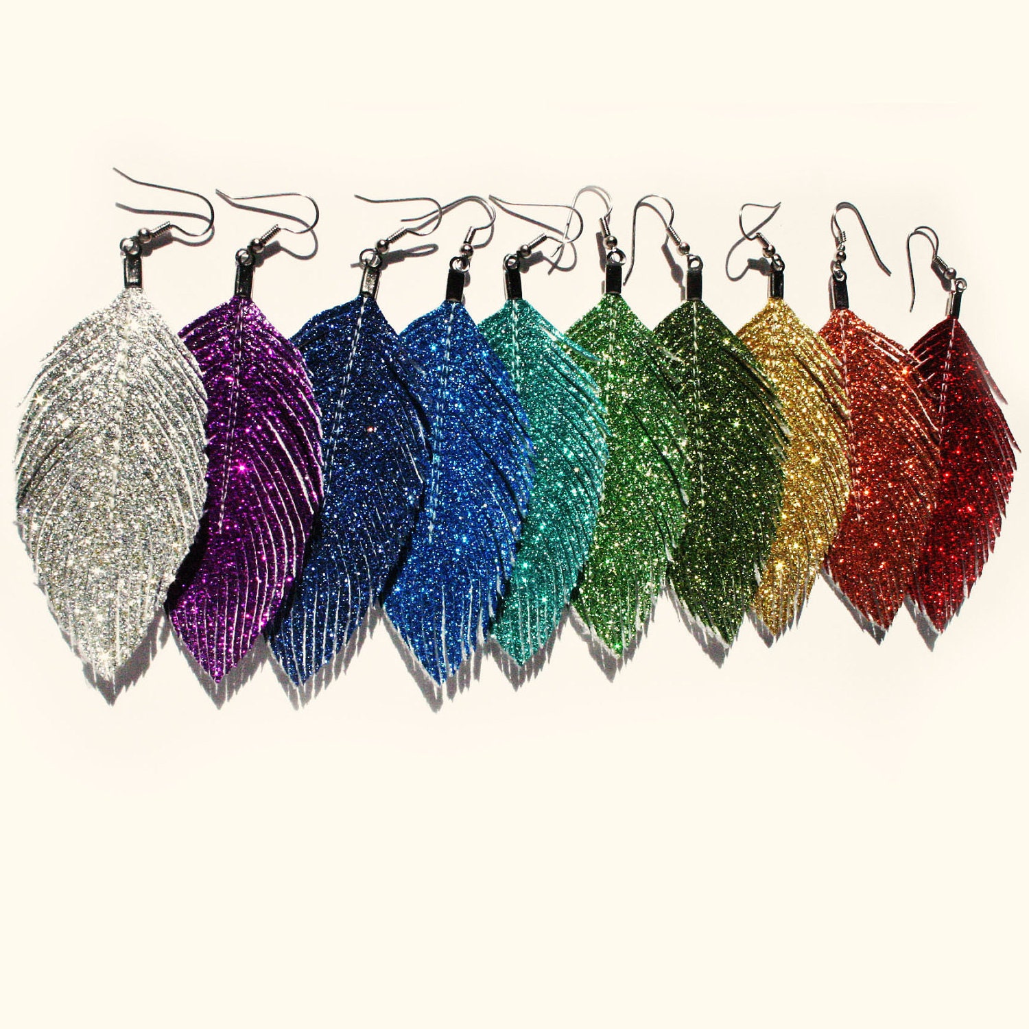 GLITTER Faux Leather Feather Earrings - Surgical Steel - free US ship