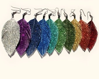 GLITTER Faux Leather Feather Earrings - Surgical Steel - free US ship