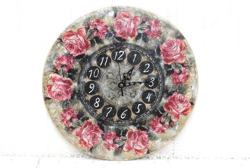 Large Wall Clock Pink Roses Country Decor Vintage Style Clock - SelenarteDecoupage