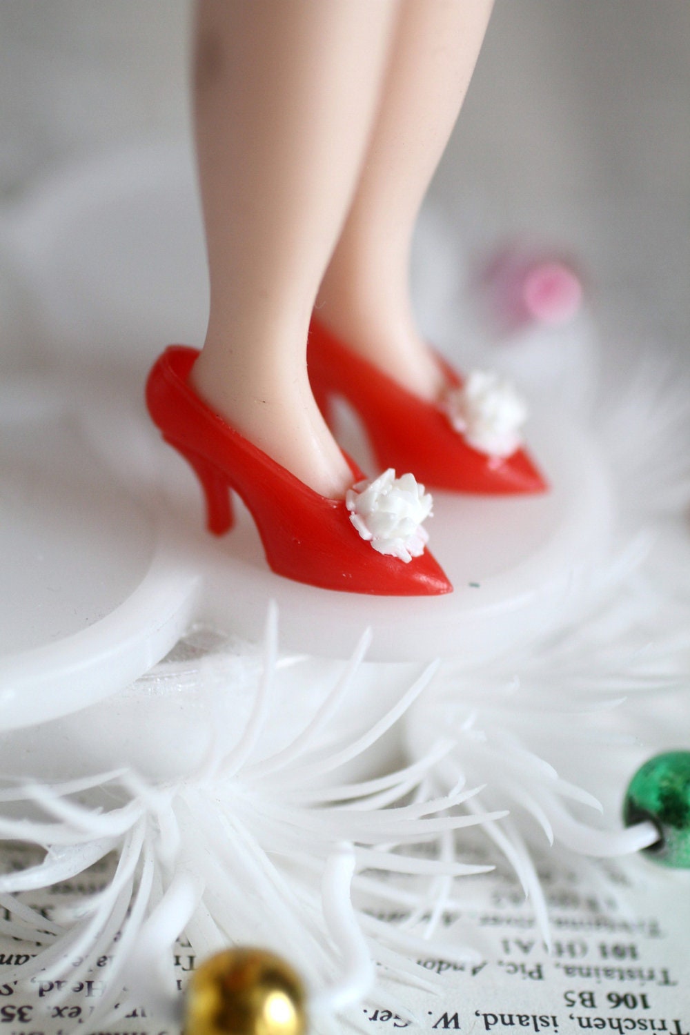 Mab Couture Sugarplum shoes - Vintage Cherry Red and White Blythe size dolly shoes - for your Fairy tale Princess