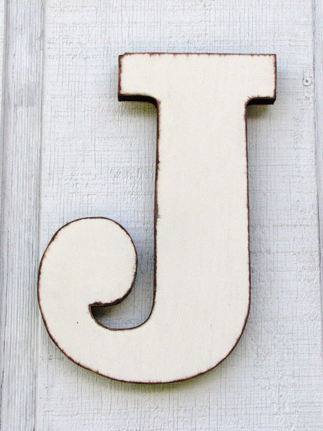 Rustic Wooden Letter J Distressed Painted Buttermilk and Dark Chocolate on edge,12" tall Wood Name Letters, Custom home decor You Pick Color