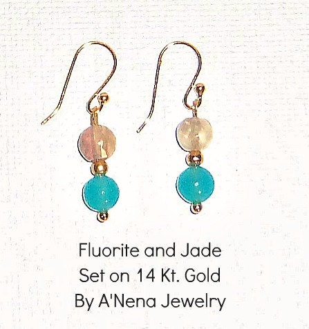 Earrings  Lilac Fluorite and Sky Blue Jade Set in 14Kt. Gold Plated Wire " Faithful and  Stable"
