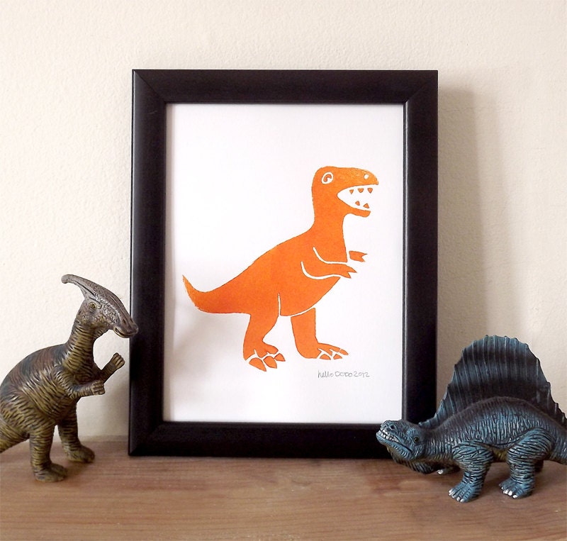 Dinosaur T-rex Handprinted Relief Print in Orange by hello DODO - Tyrannosaurus rex