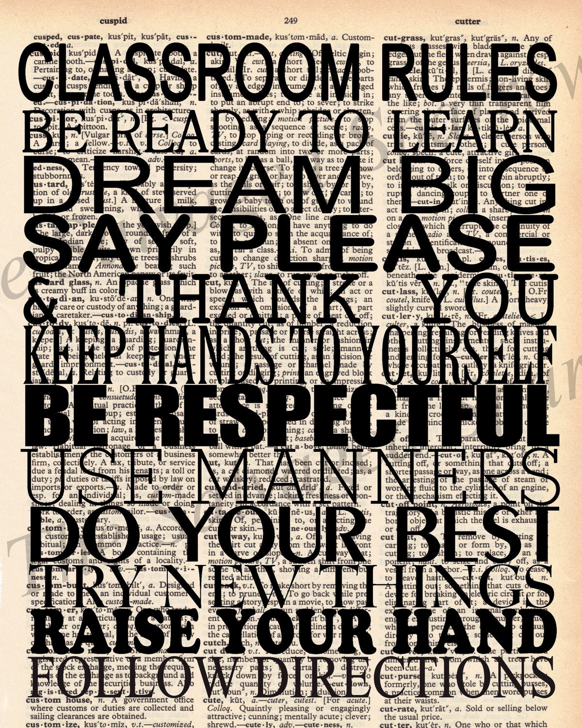Classroom Rules - Subway Art Vintage Dictionary Print- plus FREE 5x7 monogram