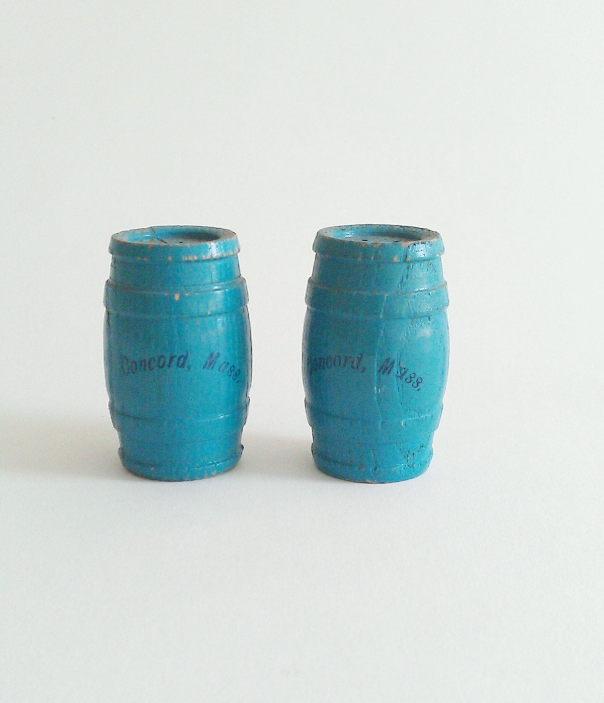Vintage Wood Barrel Salt and Pepper Turquoise Concord Mass 1940s