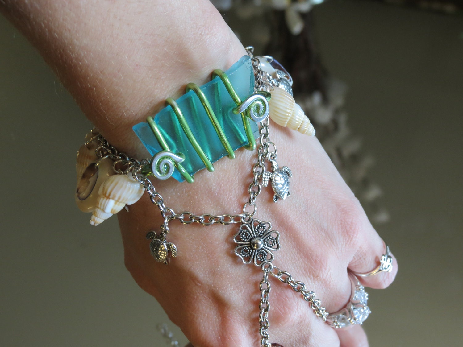 Blue Sea glass "Slave Bracelet" Ring wire wrapped accented with Sea Shells and Sea Turtles. Nautical, Oceanic Bracelet Ring.