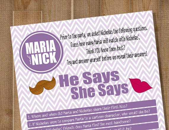 Items Similar To He Says, She Says PRINTABLE Bridal Shower Game ...