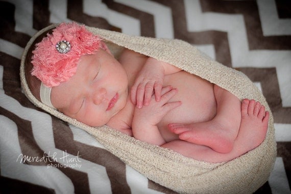 Peach Headband, Peach Baby Headband, Double Shabby Chic Flower Headband, Newborn Headband, Infant Toddler Girl