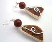 Beach Pottery Earrings brown wire wrapped sterling free shipping