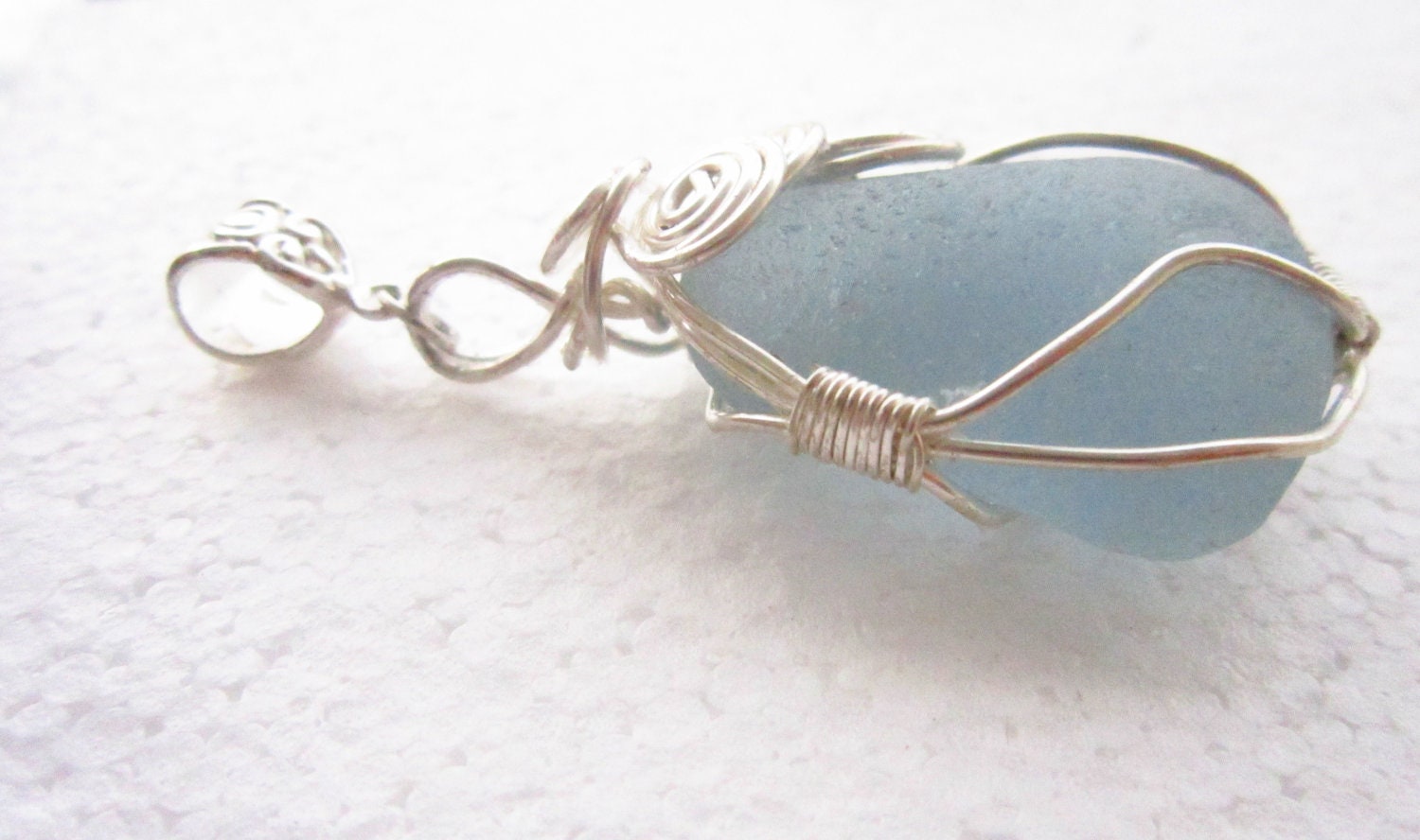 Cornflower blue sea glass necklace sterling wire wrapped free shipping