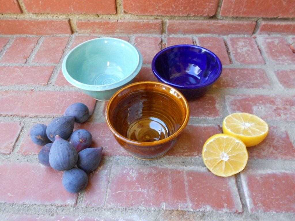 Set of 3 Cooking Baking Serving Bowls - Cobalt, Turquoise, Turkish Amber Brown