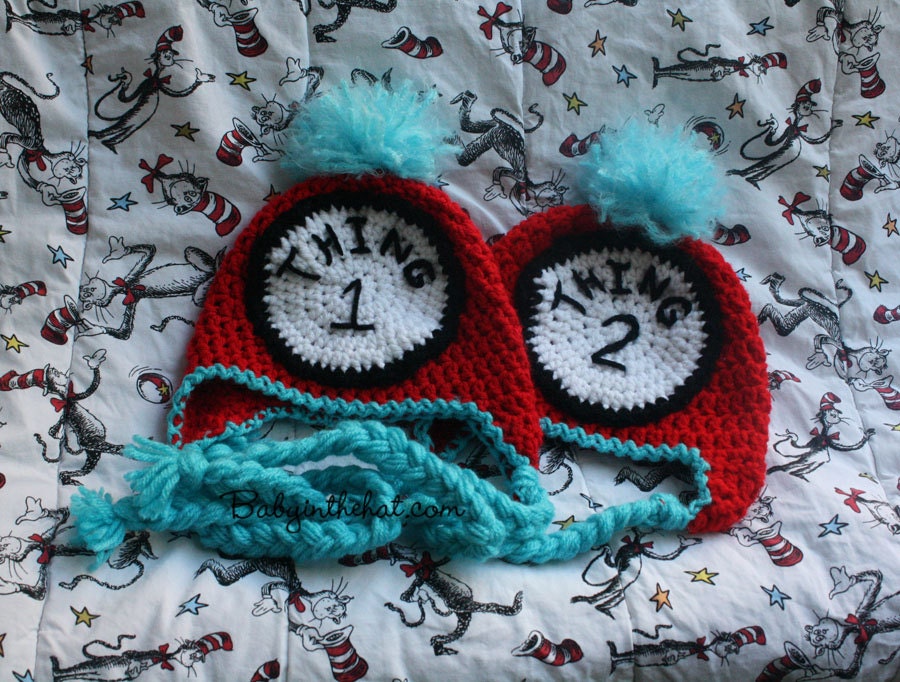 Newborn Twins Thing 1 and Thing 2  Dr Seuss Hat Boys or Girls Red and Blue Crochet Hat Photo Prop Set