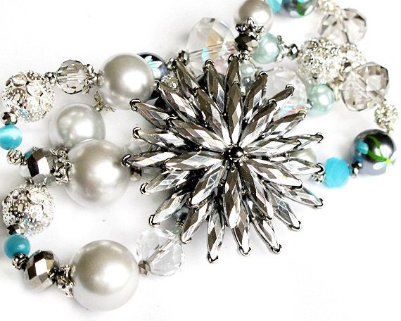 Silver star burst long beaded necklace handmade