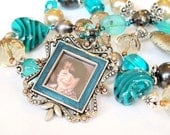 Teal Locket long beaded necklace dove grey silver cinnamon handmade