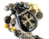 Black long beaded necklace cross pendant handmade 'Amazing'