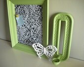 Repurposed Green Painted Frame (Jewelry Holder or Memo Board With Chicken Wire) Vintage Sconce Candle Holder - Butterfly Grouping -Set of 3