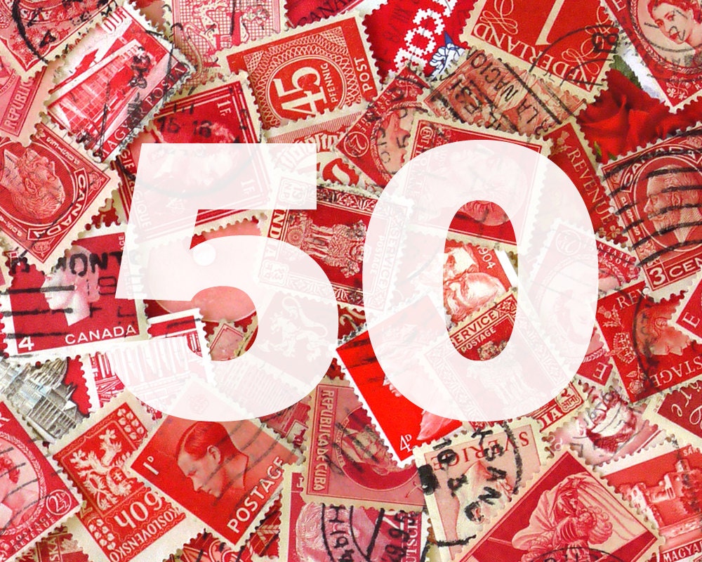 RED COLLECTION - 50 vintage USED International postage stamps in red tones - use in scrapbooking, crafts, collage, etc