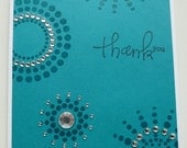 Handmade Teal Embossed Circle and Dot Rhinestone Thank You Card - Ready to Ship