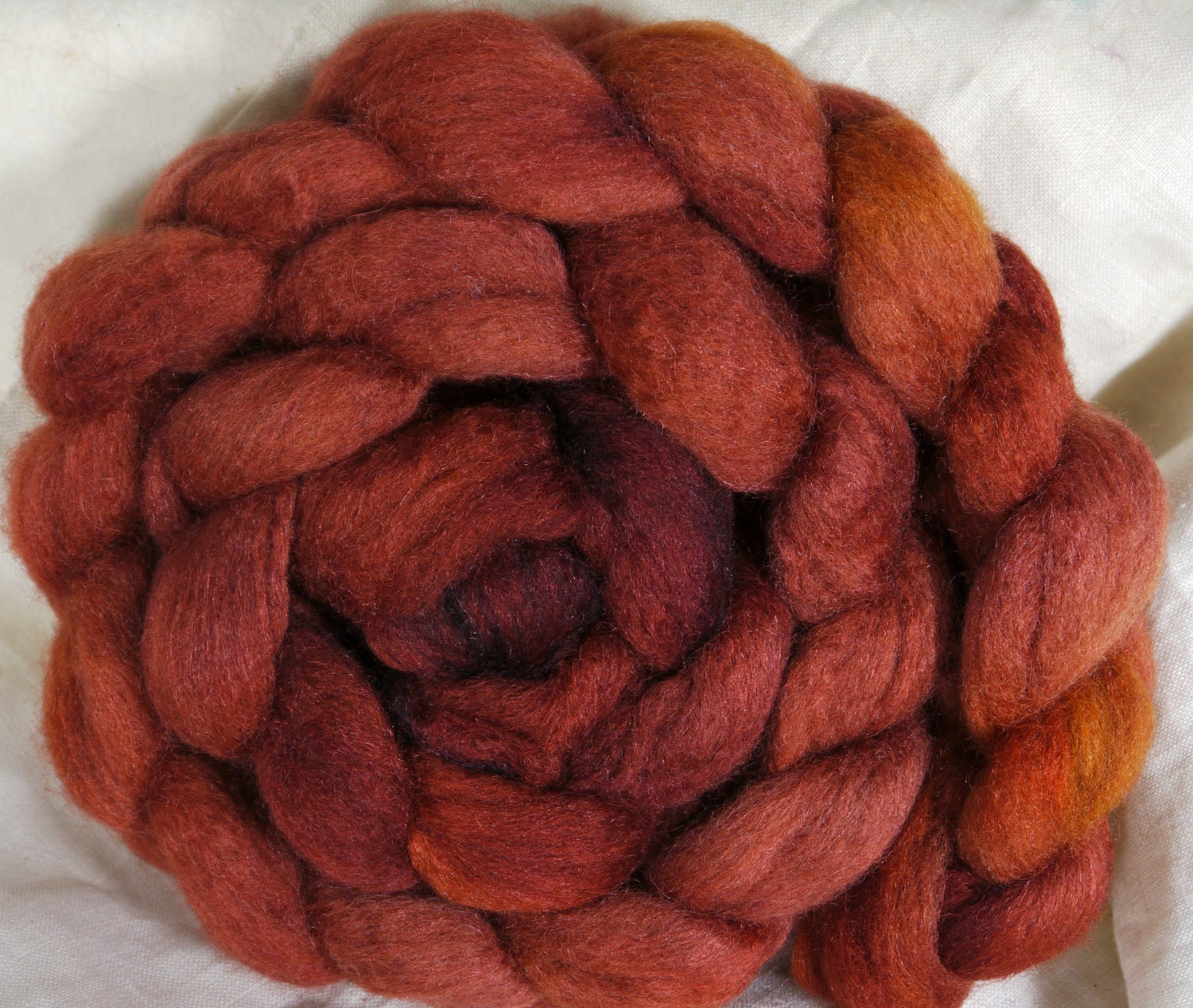 SALE- Hand dyed Bfl/ silk top for spinning - Cinnabar - ( 4.35 ) mixed bfl/ silk ( 85/15)